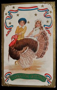 Vintage Victorian Postcard 1907 Patriotic Thanksgiving - Kids Riding a Turkey