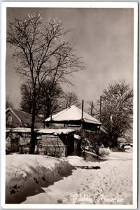 Gelukkig Nieuwjaar, Dutch Happy New Year Greetings, Winter Farm Scene, Postcard