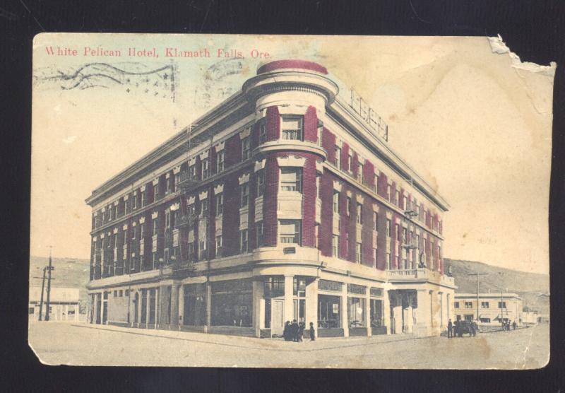 KLAMATH FALLS OREGON WHITE PELICAN HOTEL DOWNTOWN STREET VINTAGE POSTCARD