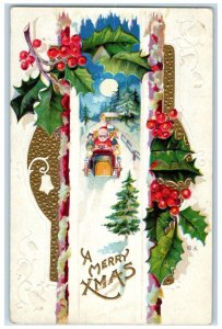 Christmas Santa Claus Driving Car With Sack Of Toys Winter Berries Nash Postcard
