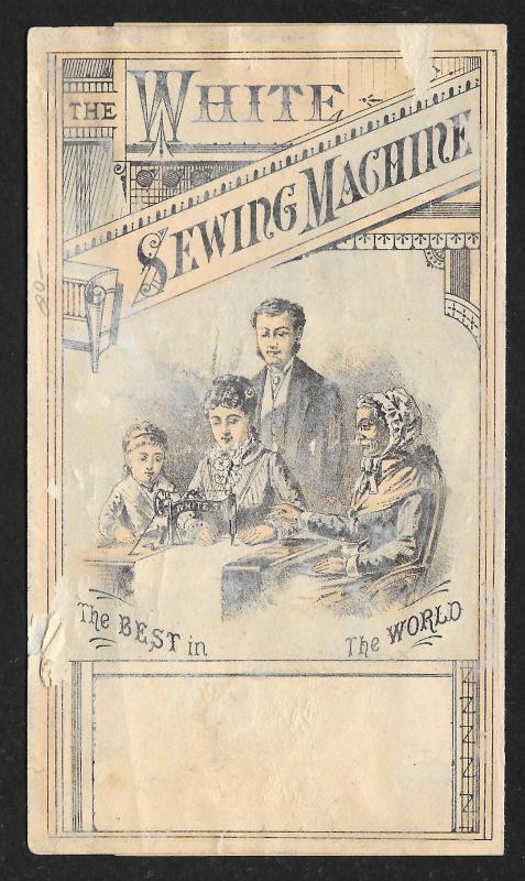 VICTORIAN TRADE CARD Metamorphic White Sewing Co Lady Sewing Man Cranking