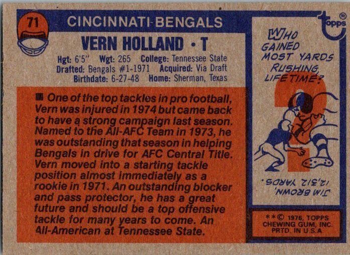 1976 Topps Football Card Vern Holland Cincinnati Bengals sk4285