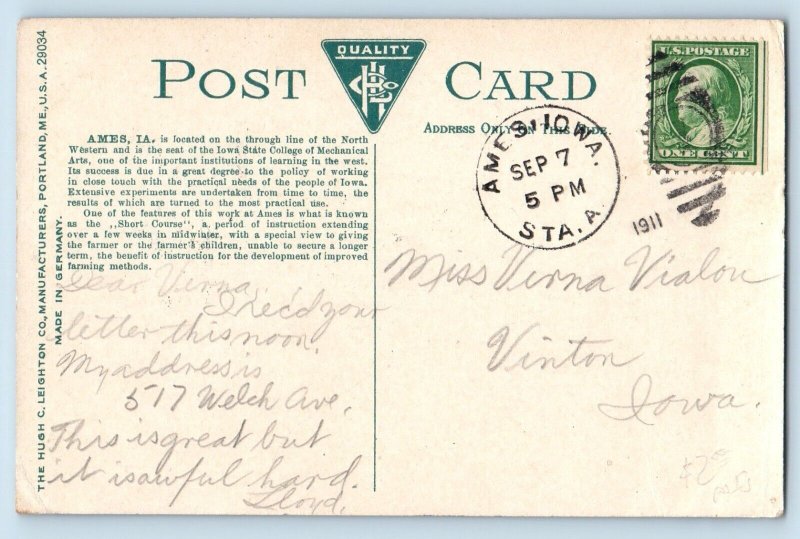 Ames Iowa IA Postcard Iowa State College Engineering Hall Water Town Field c1911