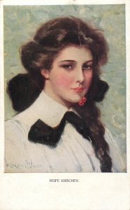 B572 Girl with cherries in her mouth artist postcard Clarence F. Underwood 1918
