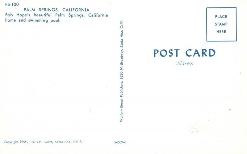 Vintage Postcard Bob Hope's Beautiful Palm Springs Home Swimming Pool California