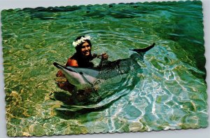 Postcard Hawaii Woman with Porpoise Makapuu Point Oahu Sea Life Park