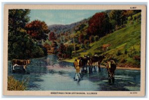 c1940's Greetings from Effingham IL Cows Animal River Trees Farm Postcard