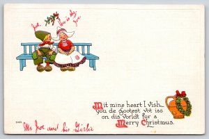 Holiday~German Children On Bench Christmas Greeting Poem~Vintage Postcard