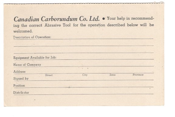 Canadian Carborundum Co. Niagara Falls, Ontario, Business Reply Postcard Canada