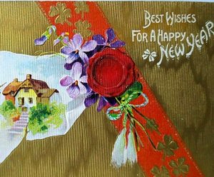 New Years Day Postcard Gold Background Home Cottage Clovers 1909 Detroit 8034