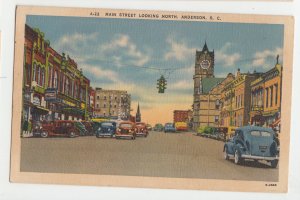 P2826, 1949 postcard main street old cars traffic light etc  anderson S.C.