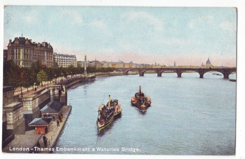 P1233 old england unused postcard boats london thames & waterloo bridge
