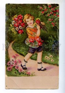 245005 GREETING Little Boy w/ Flowers Vintage PC