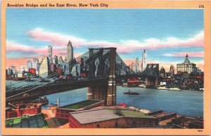 USA Brooklyn Bridge East River New York City Linen Postcard 05.25