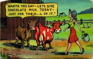 Comic Cows and Milkmaid Farm Girl Lets Give Chocolate Milk Linen Postcard E8