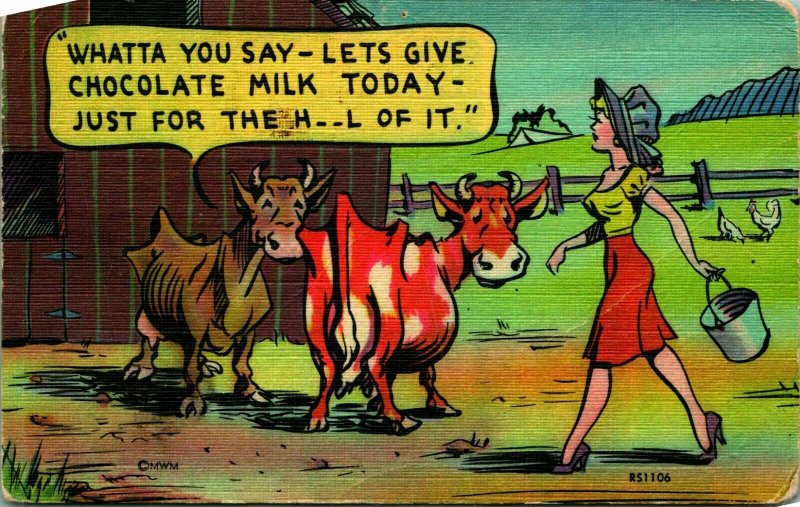 Comic Cows and Milkmaid Farm Girl Lets Give Chocolate Milk Linen Postcard E8