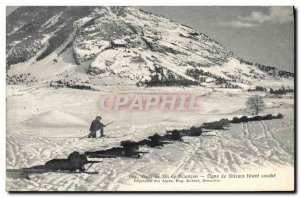 Old Postcard Militaria Alpine Hunters Ski School Briancon line pulling skiers...