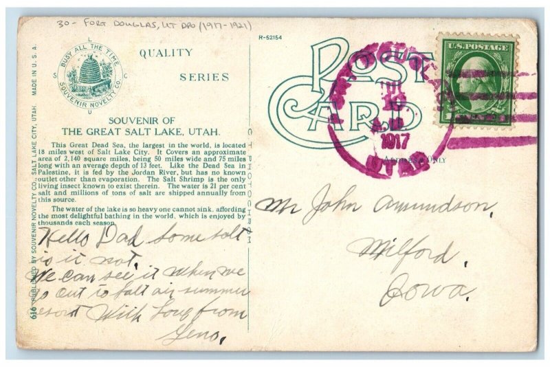 DPO (1917-1921) Fort Douglas UT Postcard Salt Beds Great Salt Lake  Utah 1917