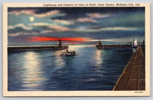 Michigan City Indiana~Piers~Lighthouse~Foghorn~Sailboat~Rowboat~Linen Postcard
