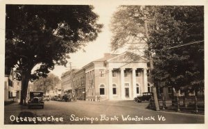 Woodfstock VT Old Cars The Ottauquechee Savings Bank Real Photo Postcard