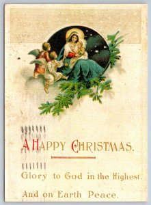 A Happy Christmas, Baby Jesus And Mary, Angels, 1974 Chrome Christmas Postcard