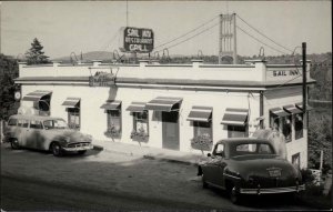 Bucksport Maine ME Vintage Cars at Sail Inn Bridge in Background RPPC