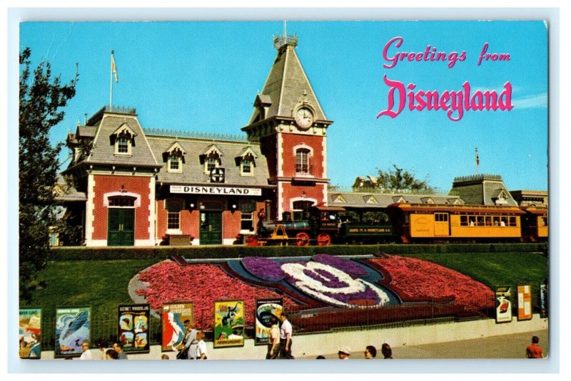 Greetings From Disneyland Main Street Train Station CA California Postcard Ek18