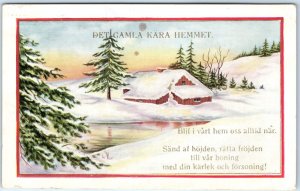 c1910s Sweden Xmas Winter Landscape Snow Cabin Pine Trees Lake Sunset Poem A344