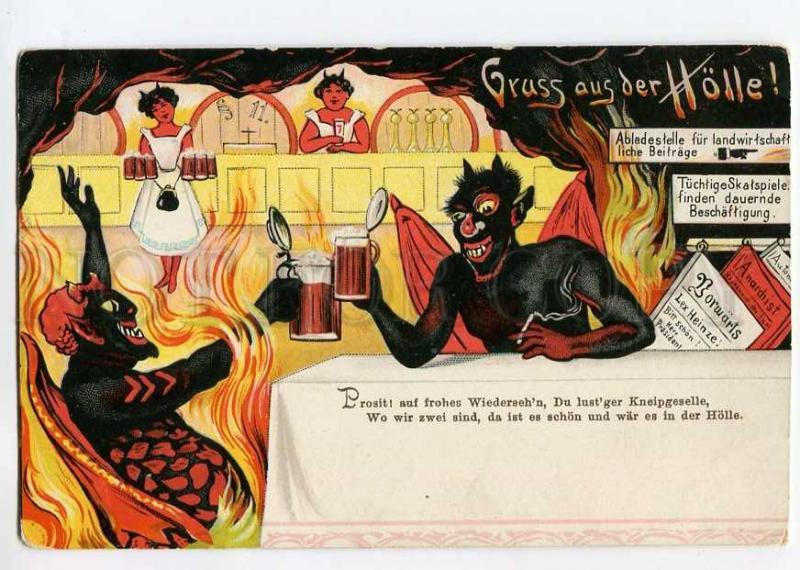 264559 GRUSS AUS Der Holle HELL Devil w/ BEER Vintage postcard