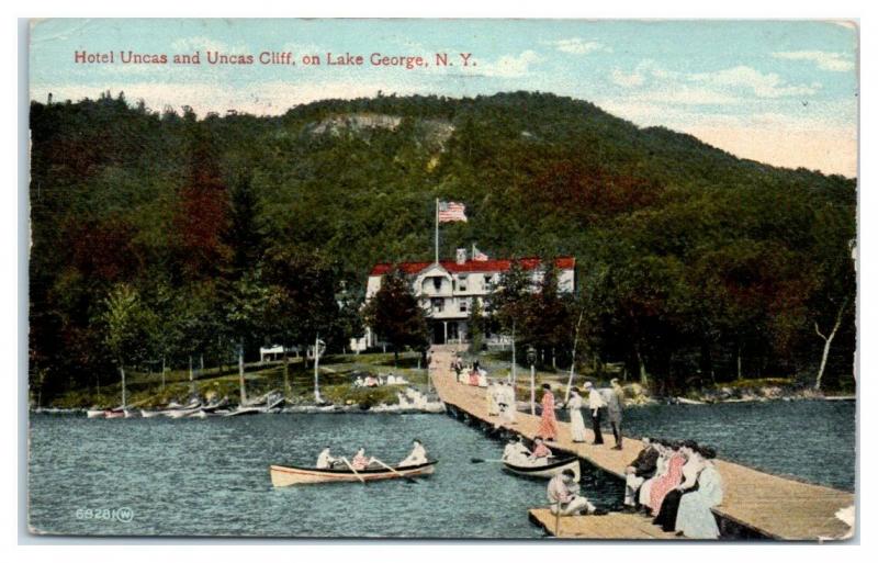 1915 Hotel Uncas and Uncas Cliff on Lake George, NY Postcard