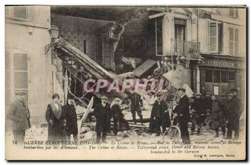 Old Postcard Army Crime Reims Rue de Talleyrand houses Gonet and Belvoye bomb...