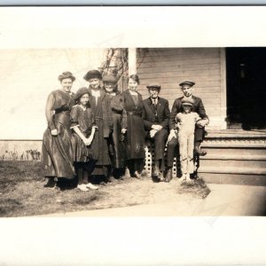 c1910s Outdoor Family House RPPC Porch Newsboy Cap Women Smoking Men Photo A192