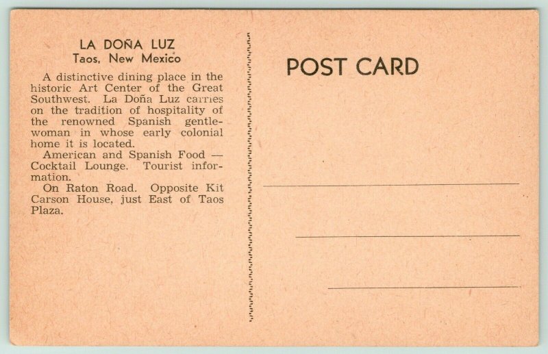Taos New Mexico~La Dona Luz Restaurant~Adventure in Good Food~1950s 