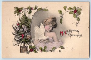 c1910's Christmas Greetings Child Girl Holly Berries Christmas Tree Postcard
