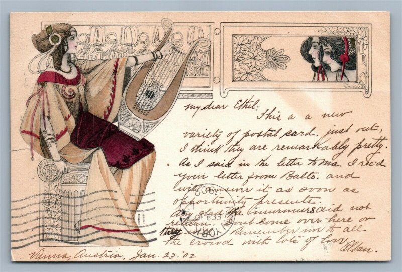 ART NOUVEAU DESIGN 1902 ANTIQUE POSTCARD w/ STAMPS GIRL PLAYING HARP