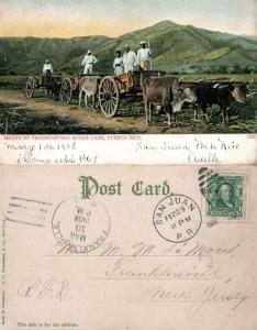 PUERTO RICO TRANSPORTING SUGAR CANE ANTIQUE 1908 UNDIVIDED POSTCARD CORK CANCEL