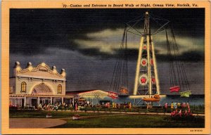 Casino and Entrance to Board Walk at Night, Ocean View Norfolk VA Postcard O75