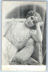 c1905 Pretty Woman Curly Hair Fashion Sitting On Chair Antique Posted Postcard