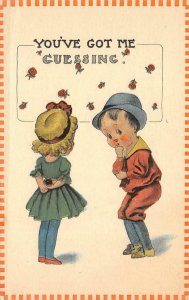 You've Got Me Guessing Boy & Girl, Roses Romantic c1910s Art Vintage Postcard
