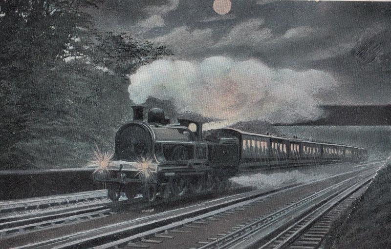 LNWR 4-4-0 Train at Night Headlights Glaring Irish Mail Train Postcard