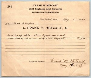 1919   New Bedford  Massachusetts  Dr. Frank M. Metcalf  Receipt  6 x 6