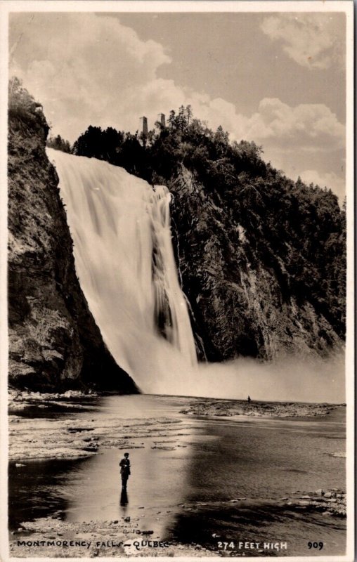 Vintage Postcard RPPC Quebec Canada~Montmorency Falls Man Fishing JS6