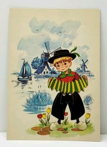 Boy With Accordion Windmill & Boats in Distance Dutch Art Postcard J9