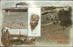 Petoskey MI Multi View Ship & Native Indian Chief c1910 Postcard