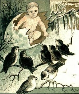 1870's-80's Engraved New Year's Card Baby In Big Egg Birds Snow Fab! P161