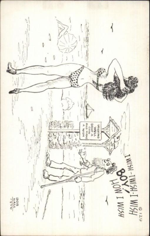 Sexy Bathing Beauty & Old Man at Wishing Well Bob Hall 1950 Comic Postcard