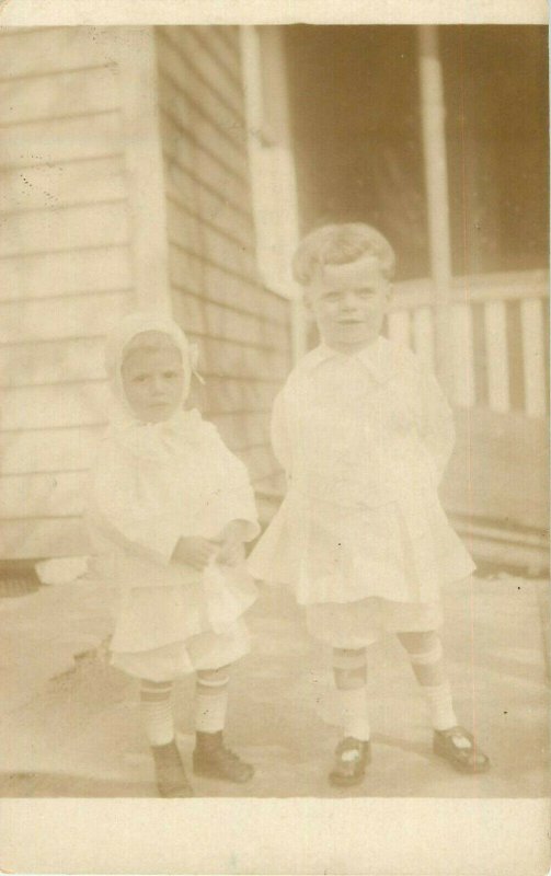 Vintage Postcard RPPC Children Standing On Porch