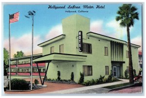 1957 Hollywood Labrea Motor Hotel Entrance Restaurant Flag Hollywood CA Postcard