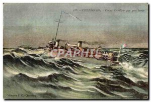 Old Postcard Cherbourg Contrc Torpedo boat in heavy weather