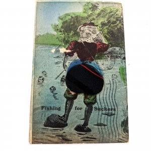 1908 Lady Find Husband Fish Suckers Men Dating Novelty Butt Postcard Cloth A175